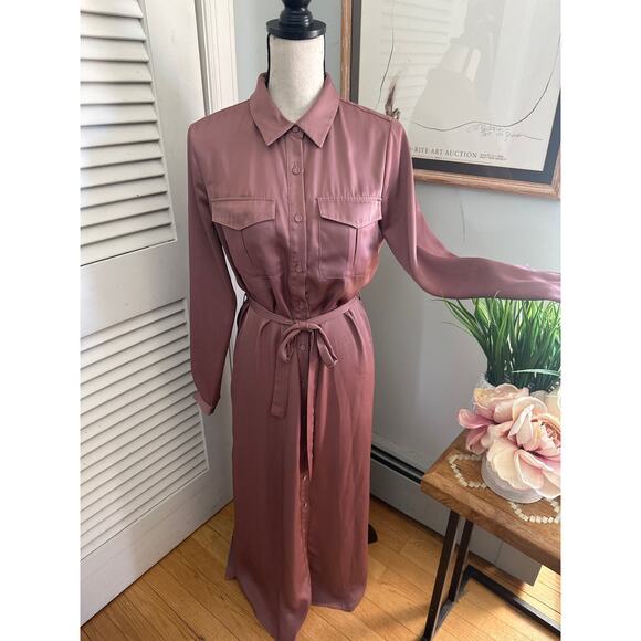 LACADEMIE Womens Shirt Dress Mauve Satin Maxi Belted Quiet Luxury Minimalist S - Picture 1 of 15